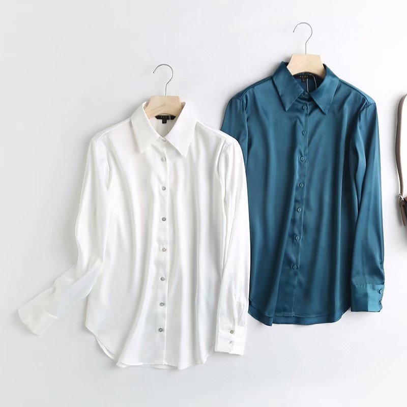 Autumn Satin Texture Blouse, Temperament Fashion Top, Loose Roll-Sleeved Lapel Long-Sleeved Shirt