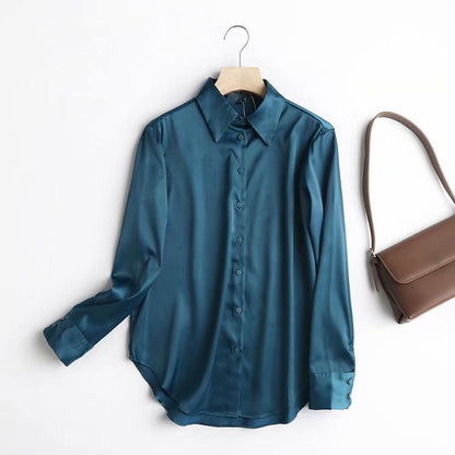 Autumn Satin Texture Blouse, Temperament Fashion Top, Loose Roll-Sleeved Lapel Long-Sleeved Shirt