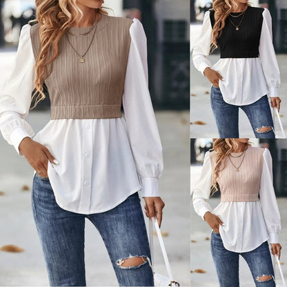 Women's New Round Neck Wavy Stripes Stitching Fashion Tops Temperament Blouse