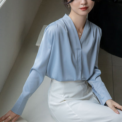 Korean Style Versatile V-neck Long Sleeve Satin Blouse Women's Tops