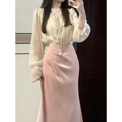 Women's Polyester Blouse Top High Waist Crimp Fishtail Skirt Suit