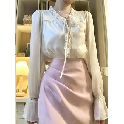 Women's Polyester Blouse Top High Waist Crimp Fishtail Skirt Suit