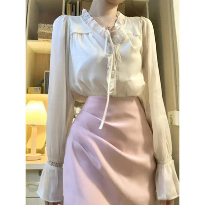 Women's Polyester Blouse Top High Waist Crimp Fishtail Skirt Suit