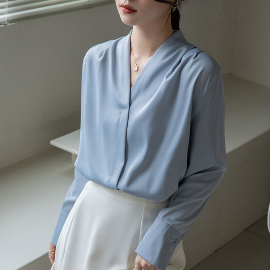 Korean Style Versatile V-neck Long Sleeve Satin Blouse Women's Tops