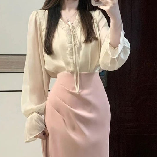 Women's Polyester Blouse Top High Waist Crimp Fishtail Skirt Suit